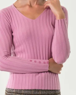 Maglia rosa bubble Hlo! in misto viscosa a coste piatte con scollo a V e bottoncini lungo i polsini