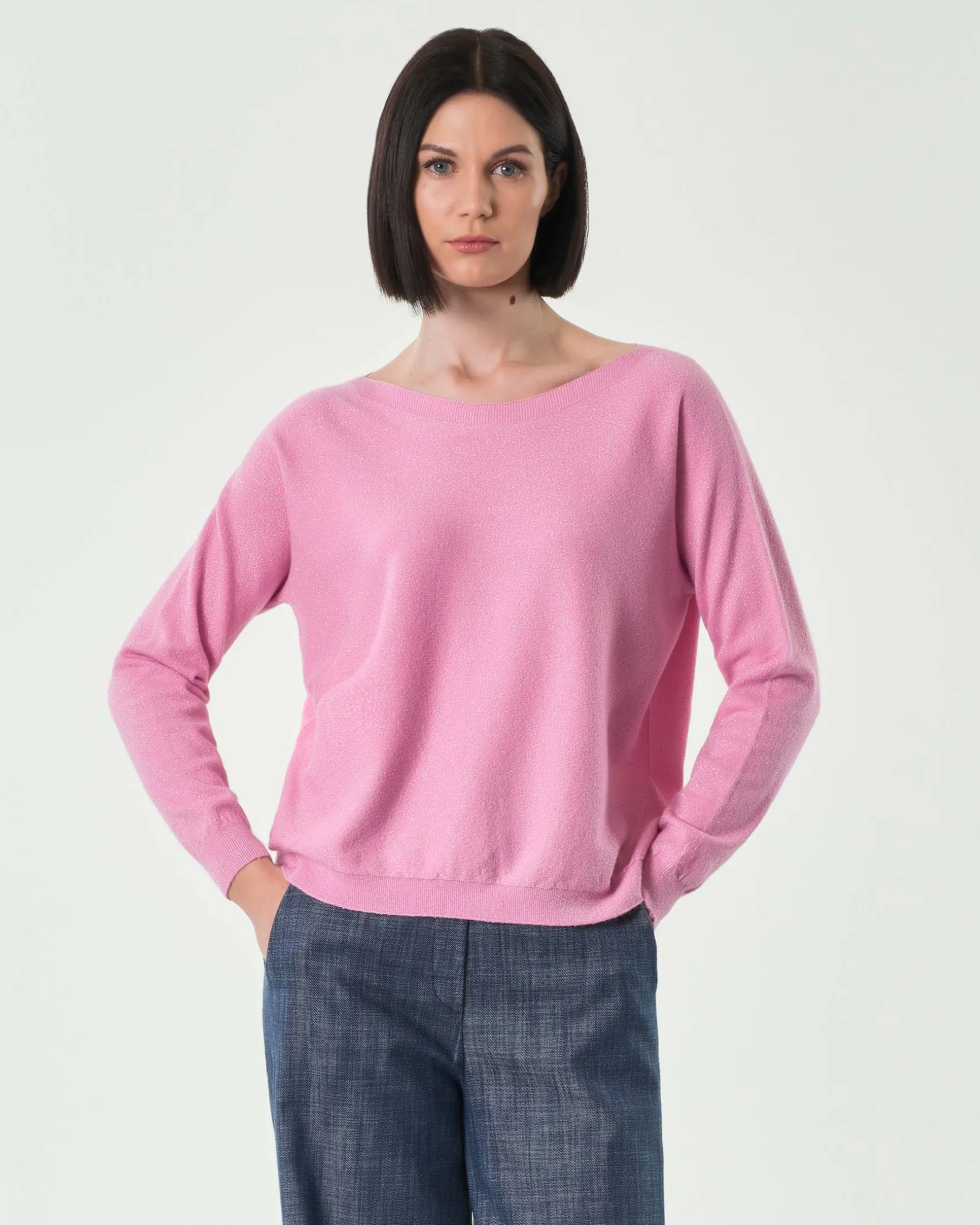 Maglia rosa bubble in misto viscosa con inserti in lurex oro e scollo a barchetta