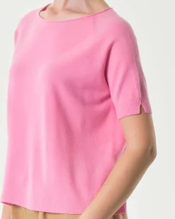 Maglia rosa bubble in misto viscosa a maniche corte con spacchetto sul fondo posteriore