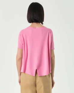 Maglia rosa bubble in misto viscosa a maniche corte con spacchetto sul fondo posteriore