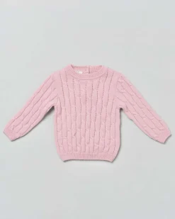 Maglia rosa girocollo in pura lana a trecce
