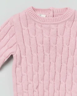 Maglia rosa girocollo in pura lana a trecce