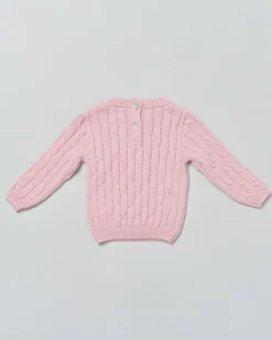 Maglia rosa girocollo in pura lana a trecce
