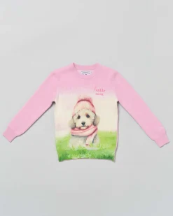 Maglia rosa MC2 Saint Barth girocollo in misto lana e cashmere con grafica cagnolino e scritta Freddo cane