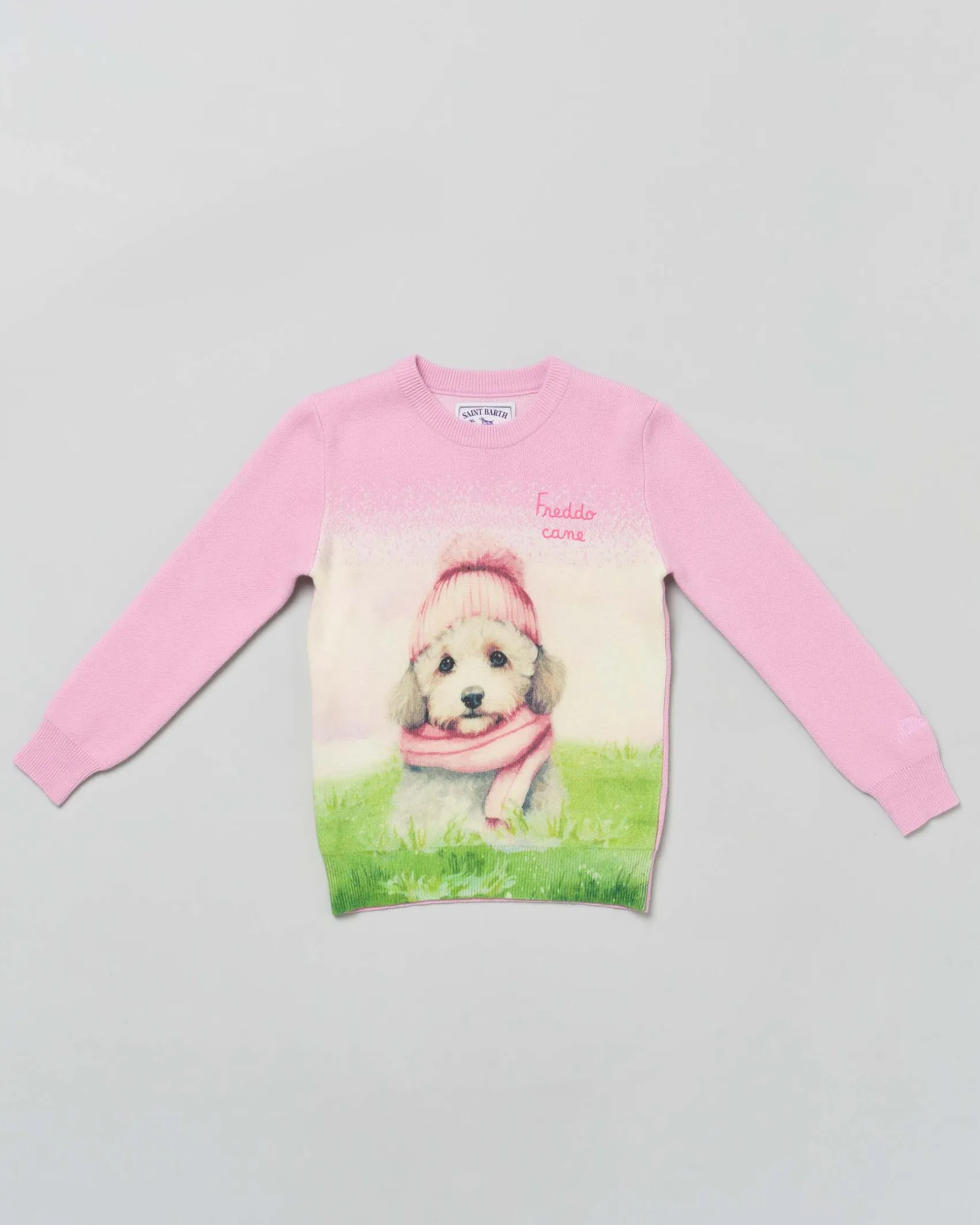 Maglia rosa MC2 Saint Barth girocollo in misto lana e cashmere con grafica cagnolino e scritta Freddo cane