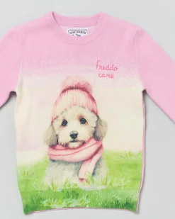 Maglia rosa MC2 Saint Barth girocollo in misto lana e cashmere con grafica cagnolino e scritta Freddo cane