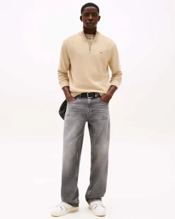 Maglia Tommy Jeans beige in puro cotone con apertura a mezza zip