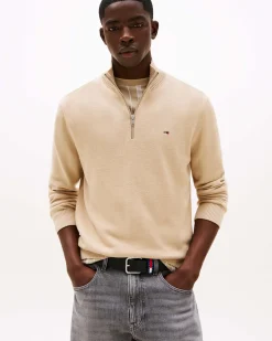 Maglia Tommy Jeans beige in puro cotone con apertura a mezza zip