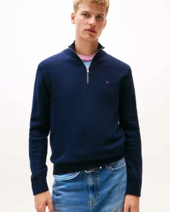 Maglia Tommy Jeans blu in puro cotone con apertura a mezza zip
