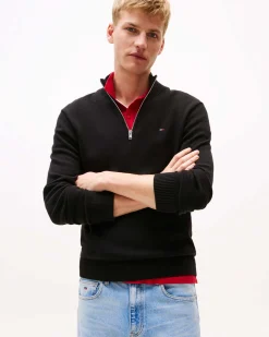 Maglia Tommy Jeans nera in puro cotone con apertura a mezza zip
