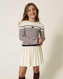 Maglia Twinset a righe avorio e bordeaux in misto viscosa