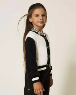Maglia Twinset bianca e nera effetto pelosetto con zip e loghi monogram