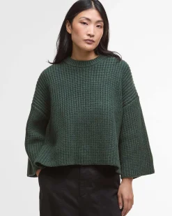 Maglia verde Barbour modello Lilian a coste in lana merino con spacchi laterali e chiusura a cernirea