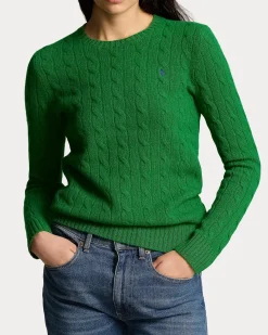 Maglia verde brillante girocollo in lana e cashmere a trecce con logo ricamato a contrasto di colore