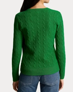 Maglia verde brillante girocollo in lana e cashmere a trecce con logo ricamato a contrasto di colore