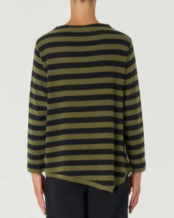 Maglia verde e nera a righe in cotone stretch con collo a cratere e fondo a punte