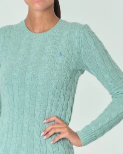 Maglia verde lavorata a trecce in misto lana e cachemire con logo ricamato a contrasto sul petto