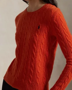 Maglioncino arancione Polo Ralph Lauren in lana e cashmere a trecce con scollo a giro e logo ricamato sul petto