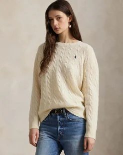 Maglioncino avorio Polo Ralph Lauren in lana e cashmere a trecce con scollo a giro e logo ricamato sul petto