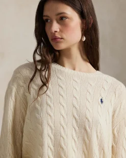 Maglioncino avorio Polo Ralph Lauren in lana e cashmere a trecce con scollo a giro e logo ricamato sul petto