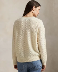 Maglioncino avorio Polo Ralph Lauren in lana e cashmere a trecce con scollo a giro e logo ricamato sul petto