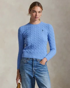 Maglioncino azzurra Polo Ralph Lauren in lana e cashmere a trecce con scollo a giro e logo ricamato sul petto