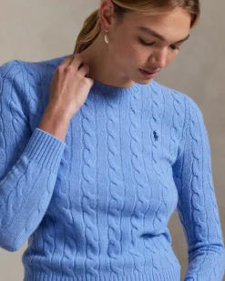 Maglioncino azzurra Polo Ralph Lauren in lana e cashmere a trecce con scollo a giro e logo ricamato sul petto