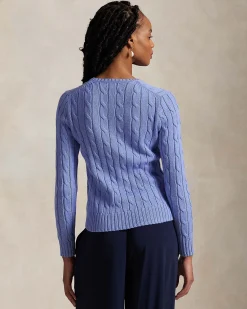 Maglioncino azzurra Polo Ralph Lauren in pima cotton a trecce con scollo a V e logo ricamato sul petto