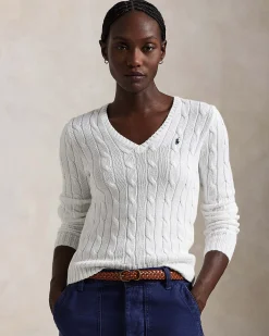 Maglioncino bianco Polo Ralph Lauren in pima cotton a trecce con scollo a V e logo ricamato sul petto