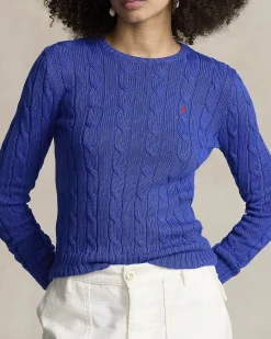 Maglioncino blu China in cotone lavorazione a trecce con logo rosso ricamato sul petto