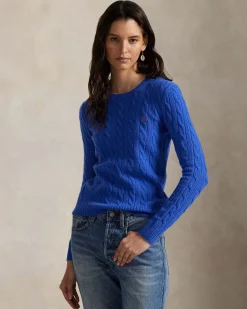 Maglioncino blu China Polo Ralph Lauren in lana e cashmere a trecce con scollo a giro e logo ricamato sul petto