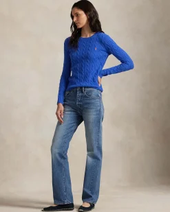 Maglioncino blu China Polo Ralph Lauren in lana e cashmere a trecce con scollo a giro e logo ricamato sul petto
