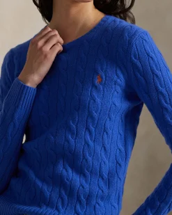 Maglioncino blu China Polo Ralph Lauren in lana e cashmere a trecce con scollo a giro e logo ricamato sul petto
