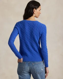 Maglioncino blu China Polo Ralph Lauren in lana e cashmere a trecce con scollo a giro e logo ricamato sul petto