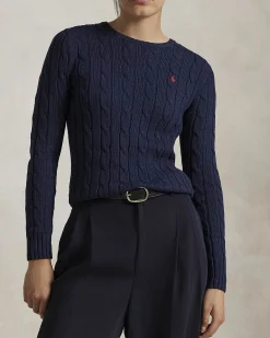 Maglioncino blu in cotone lavorazione a trecce con logo rosso ricamato sul petto