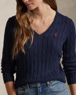 Maglioncino blu Polo Ralph Lauren in pima cotton a trecce con scollo a V e logo ricamato sul petto