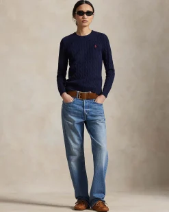 Maglioncino blu Polo Ralph Lauren in lana e cashmere a trecce con scollo a giro e logo ricamato sul petto