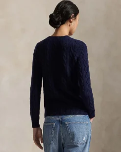 Maglioncino blu Polo Ralph Lauren in lana e cashmere a trecce con scollo a giro e logo ricamato sul petto