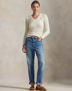 Maglioncino color avorio Polo Ralph Lauren in lana e cashmere a trecce con scollo a V e logo ricamato sul petto