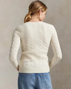Maglioncino color avorio Polo Ralph Lauren in lana e cashmere a trecce con scollo a V e logo ricamato sul petto