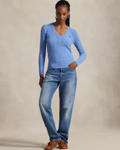 Maglioncino color pervinca Polo Ralph Lauren in lana e cashmere a trecce con scollo a V e logo ricamato sul petto