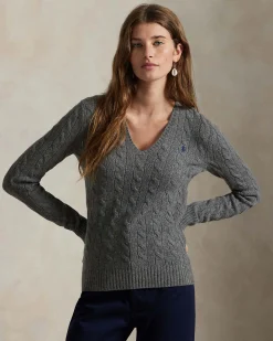 Maglioncino grigio Polo Ralph Lauren in lana e cashmere a trecce con scollo a V e logo ricamato sul petto