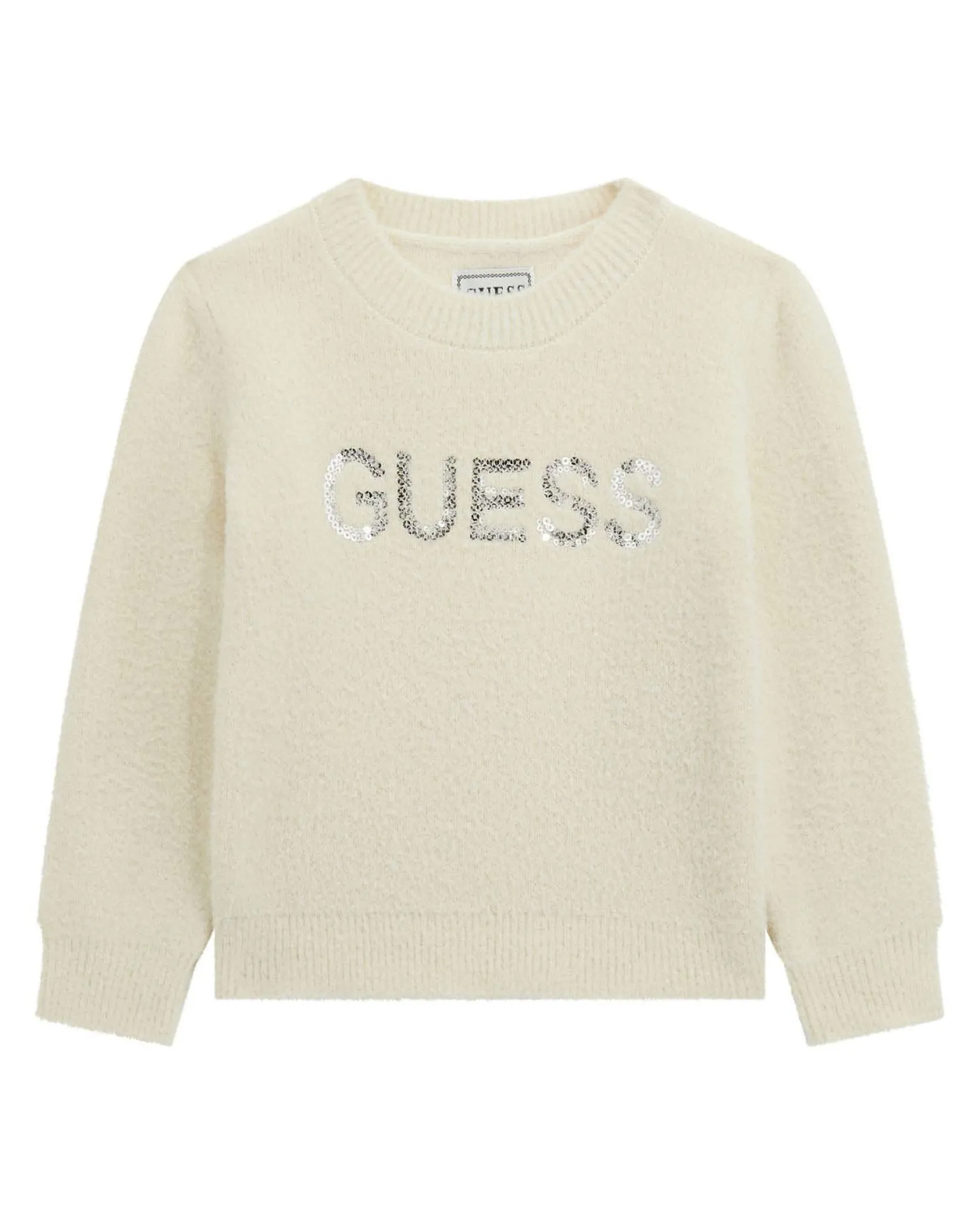 Maglioncino Guess color panna con logo pailettes argento