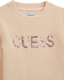 Maglioncino Guess rosa antico in tessuto pelosetto con logo pailettes
