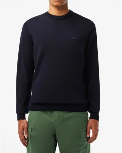 Maglioncino Lacoste blu girocollo in pura lana merinos
