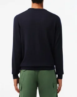 Maglioncino Lacoste blu girocollo in pura lana merinos
