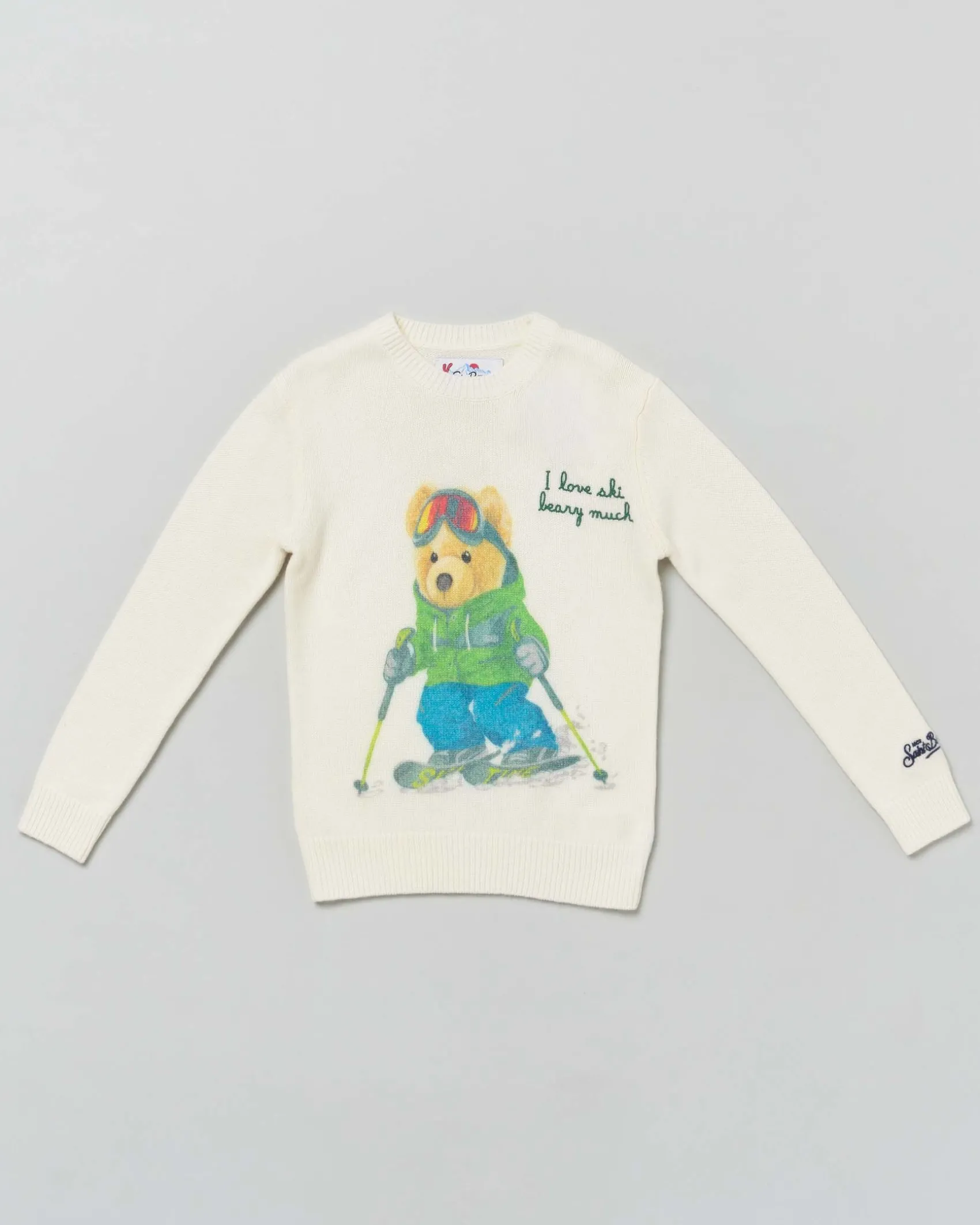 Maglioncino MC2 Saint Barth color panna in misto lana e cashmere con orsetto e scritta I love ski beary much