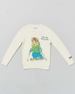 Maglioncino MC2 Saint Barth color panna in misto lana e cashmere con orsetto e scritta I love ski beary much