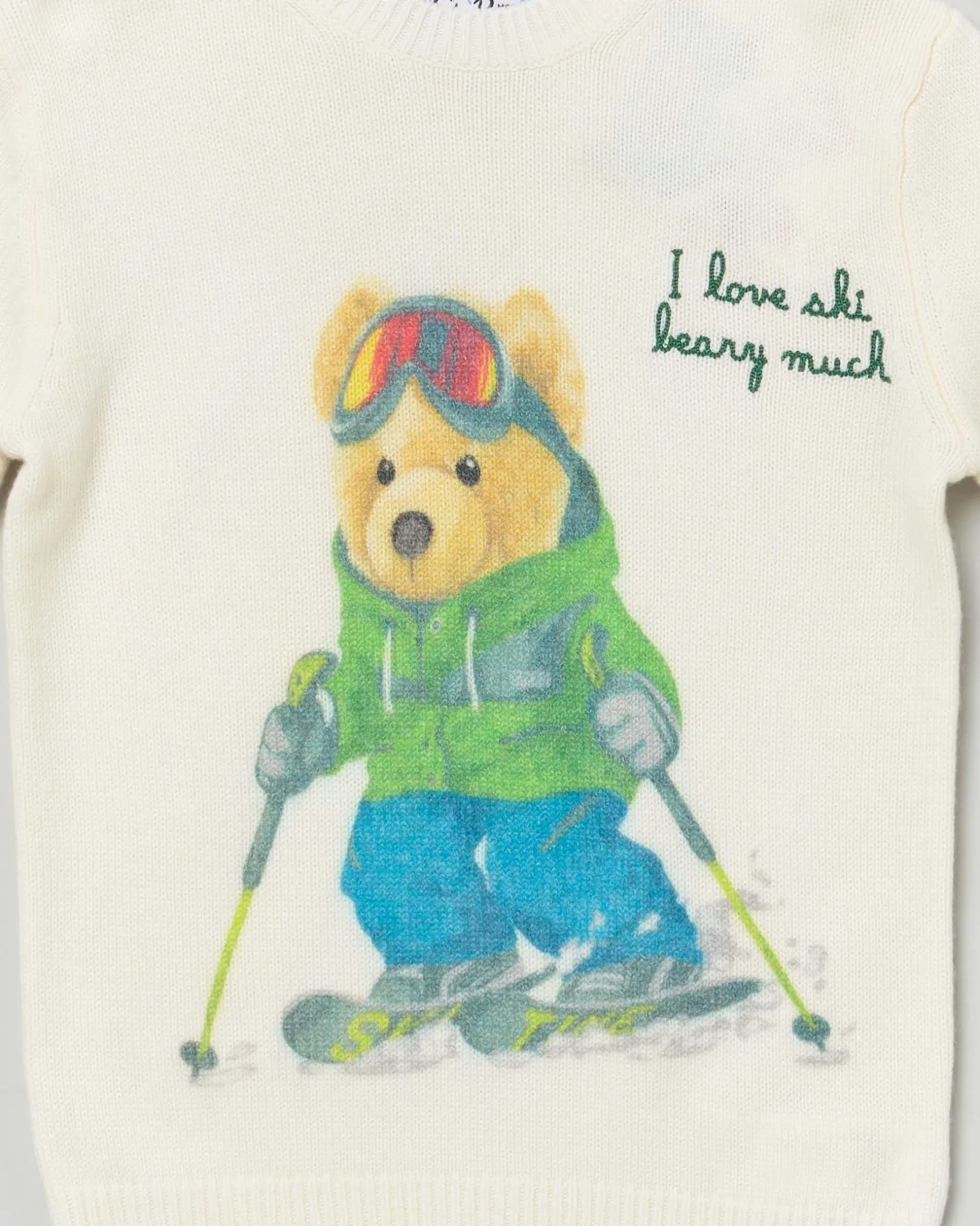 Maglioncino MC2 Saint Barth color panna in misto lana e cashmere con orsetto e scritta I love ski beary much