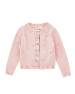 Maglioncino Monnalisa rosa in misto cotone e lana con fiocchetti ricamati all over